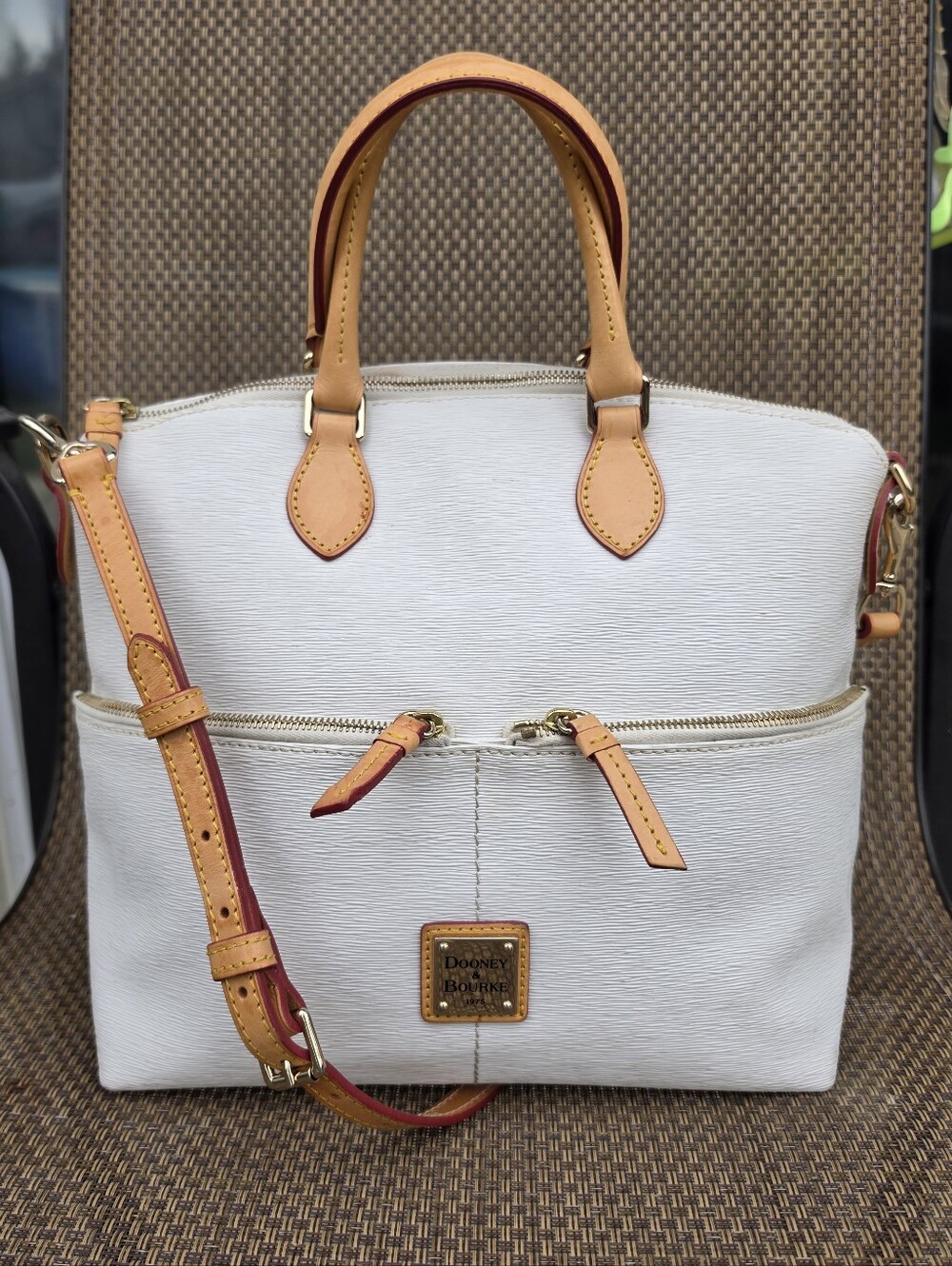 Dooney & Bourke White and Tan Leather Satchel with Shoulder Strap